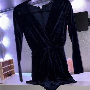 Velvet Long-Sleeve Wrap Romper - Navy